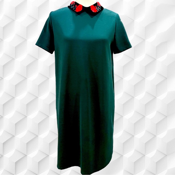 Zara Trafaluc Embroidered Peter Pan collar short sleeve green dress Sz M - Picture 11 of 11